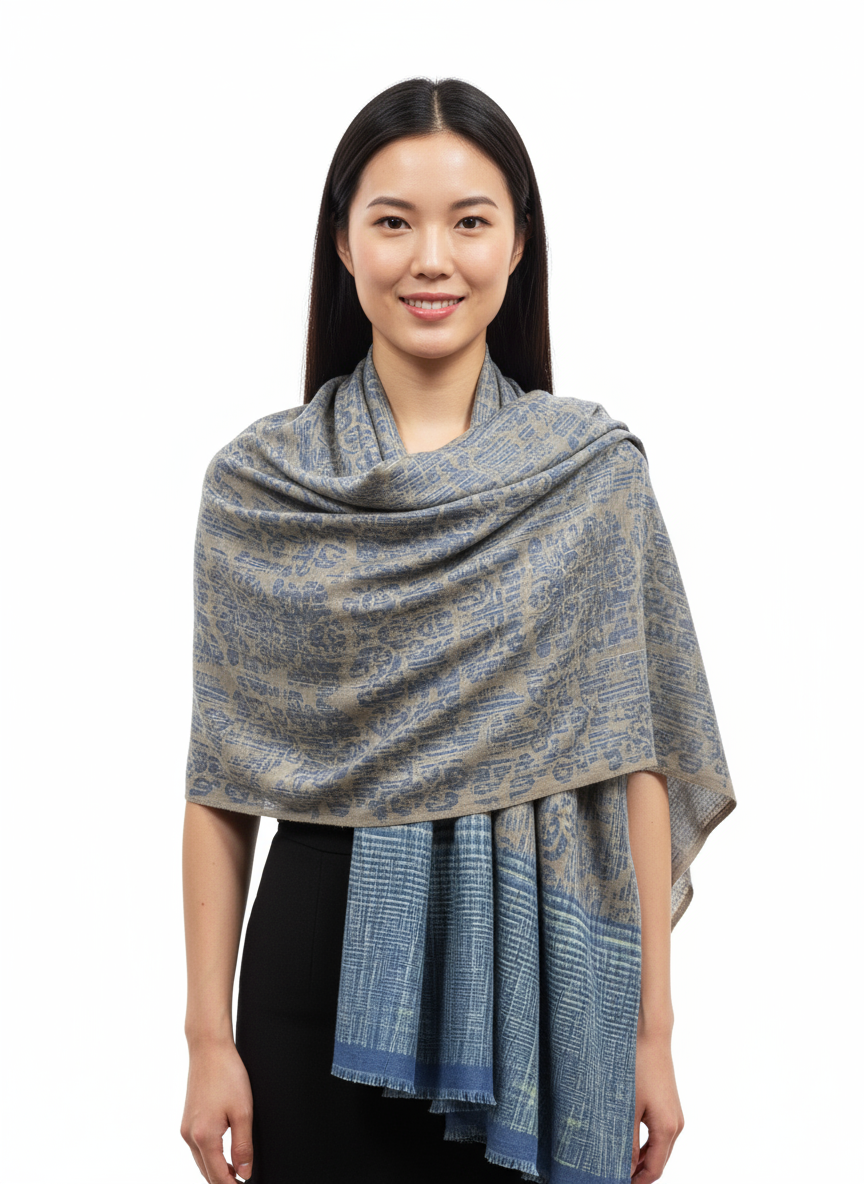 Luxury Wool Shawl – Taupe & Blue Reversible Weave (100% Wool, Online Exclusive)