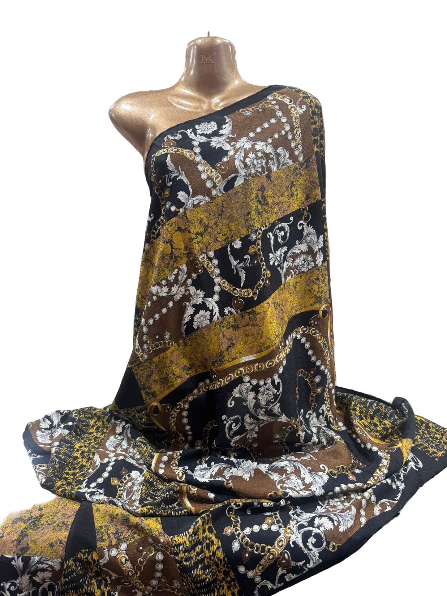 Luxury Silk Square Scarf – Black, Gold & Bronze Regal Baroque Design (100% Silk)