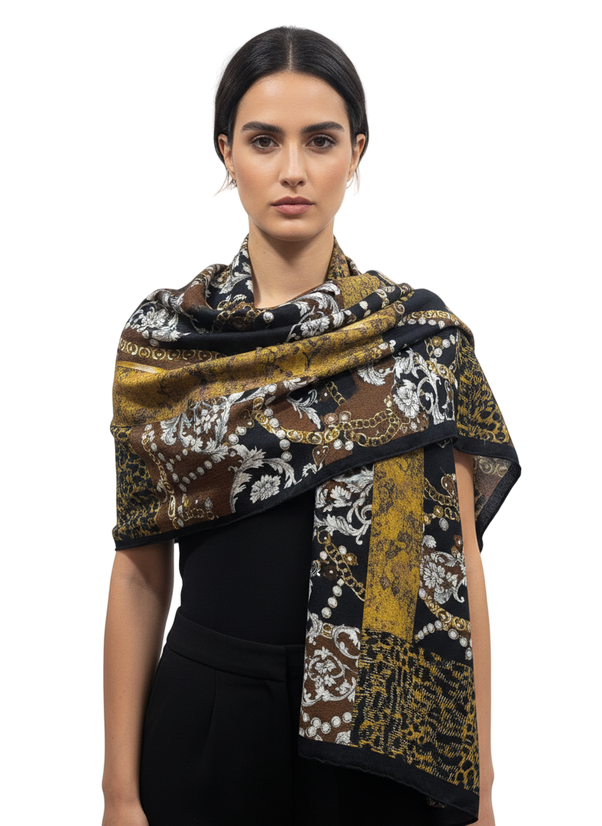 Luxury Silk Square Scarf – Black, Gold & Bronze Regal Baroque Design (100% Silk)