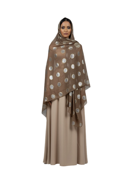 Korean Silk with Gold & Silver Lurex – Mocha Polka Dot (2.25 Metres)