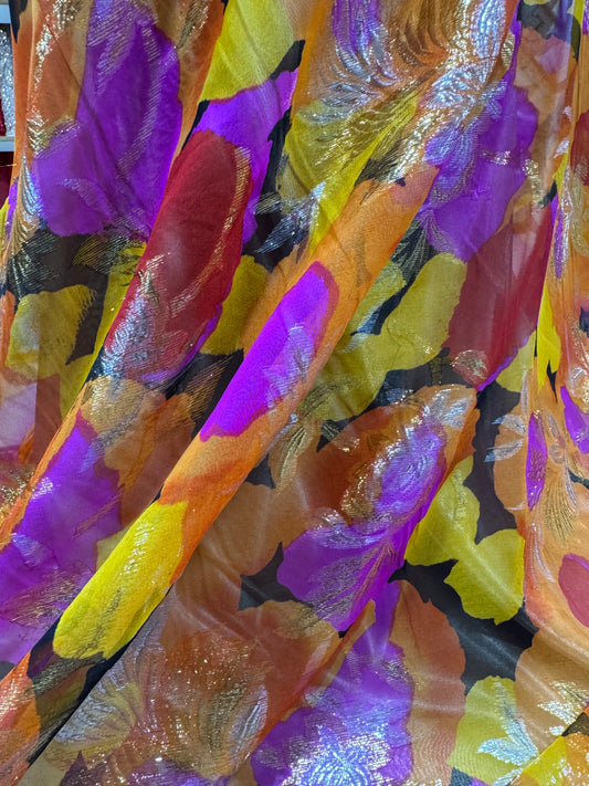 Korean Silk Chiffon with Gold & Silver Lurex – Orange Floral (2 Metres)