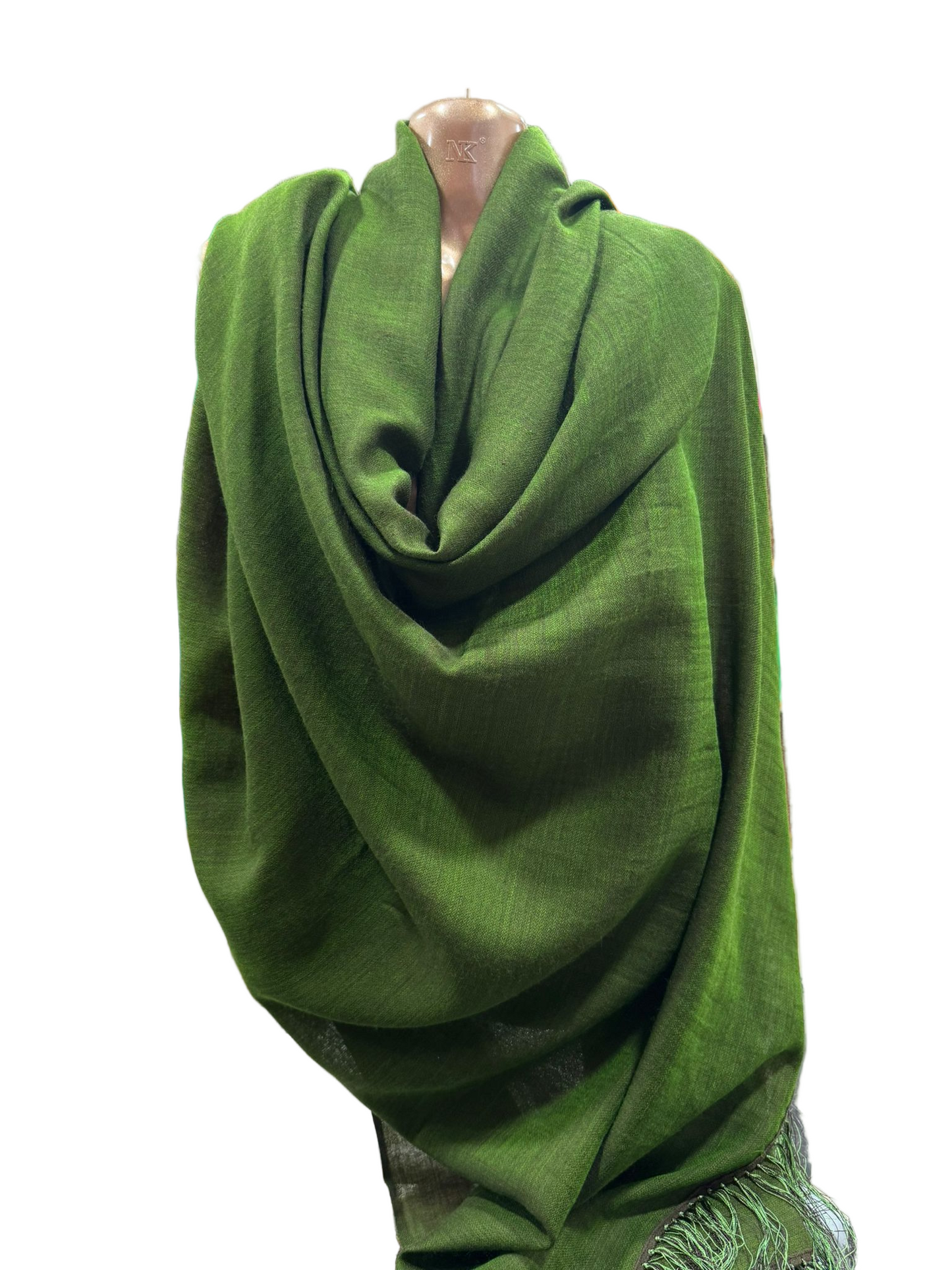 Classic Wool Shawl – Deep Olive Green with Fringed Edges (100% Wool, Made in India)