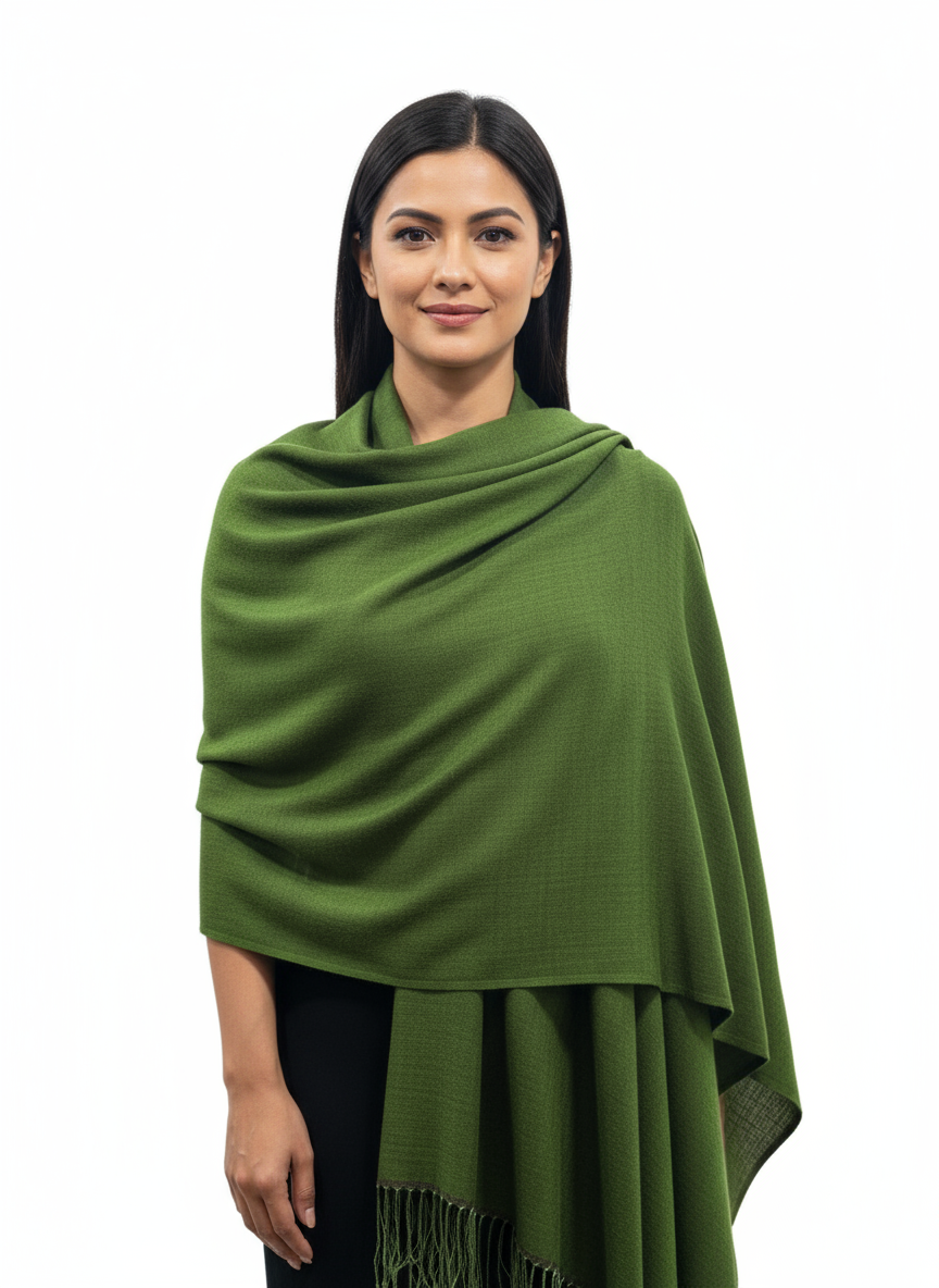 Classic Wool Shawl – Deep Olive Green with Fringed Edges (100% Wool, Made in India)