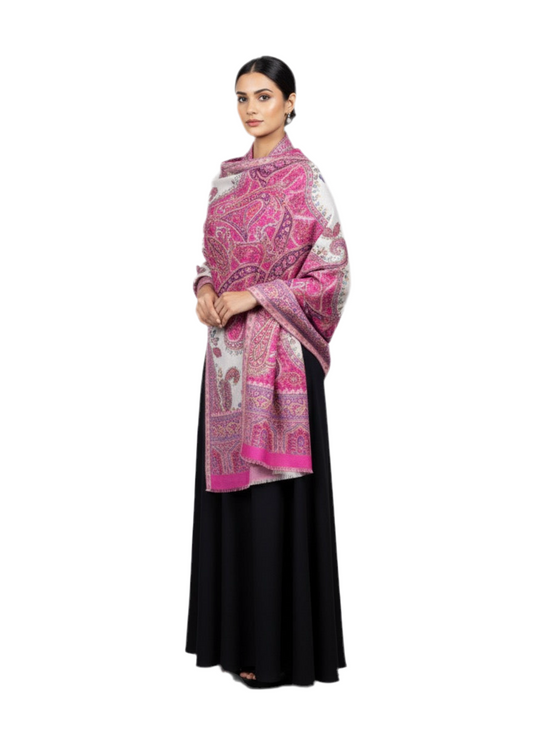Luxury 100% Wool Jacquard Shawl – Pink & Ivory Paisley