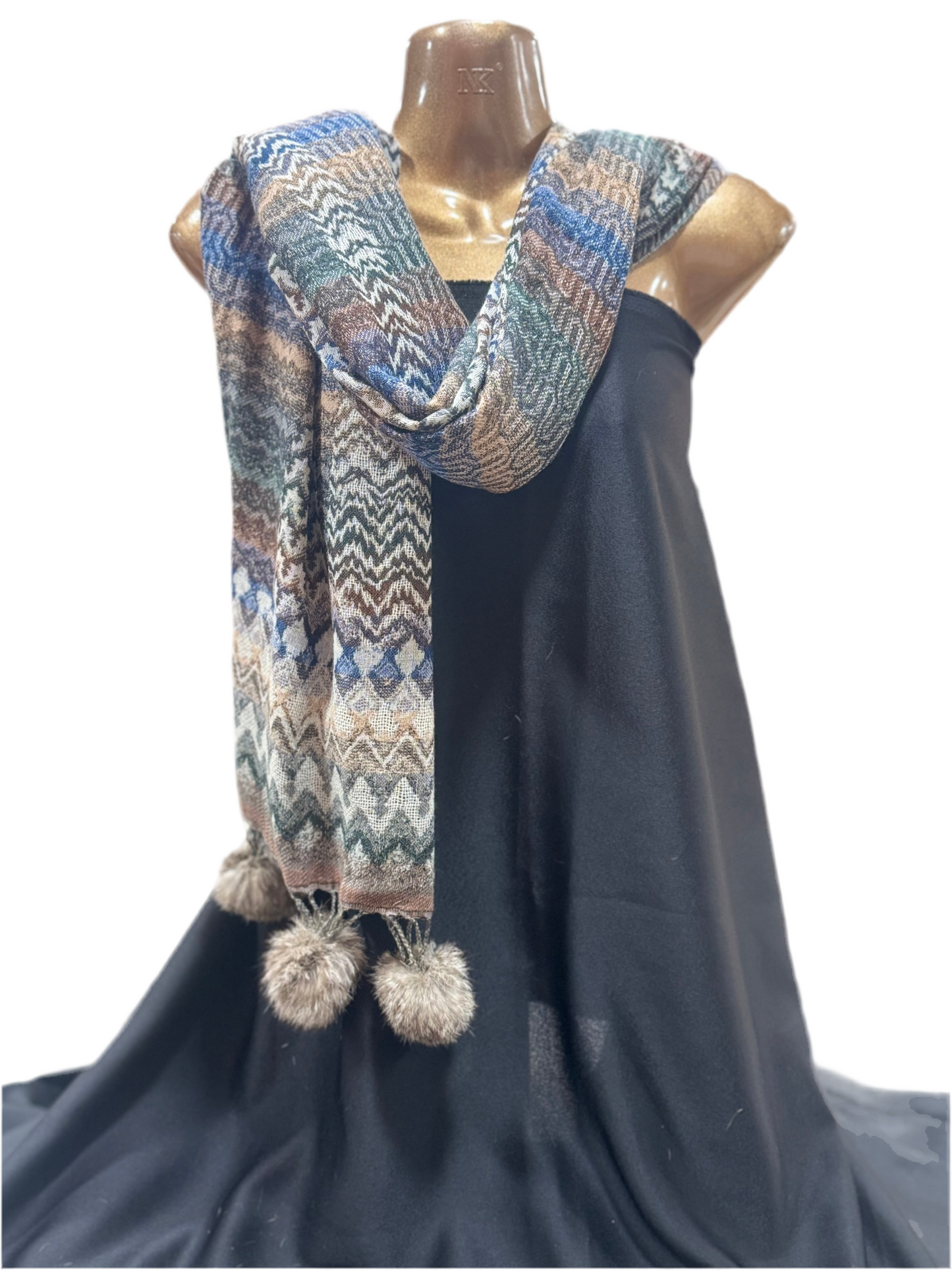 Luxury Wool & Cotton Patterned Shawl with Pom-Pom Trim – Multicolour