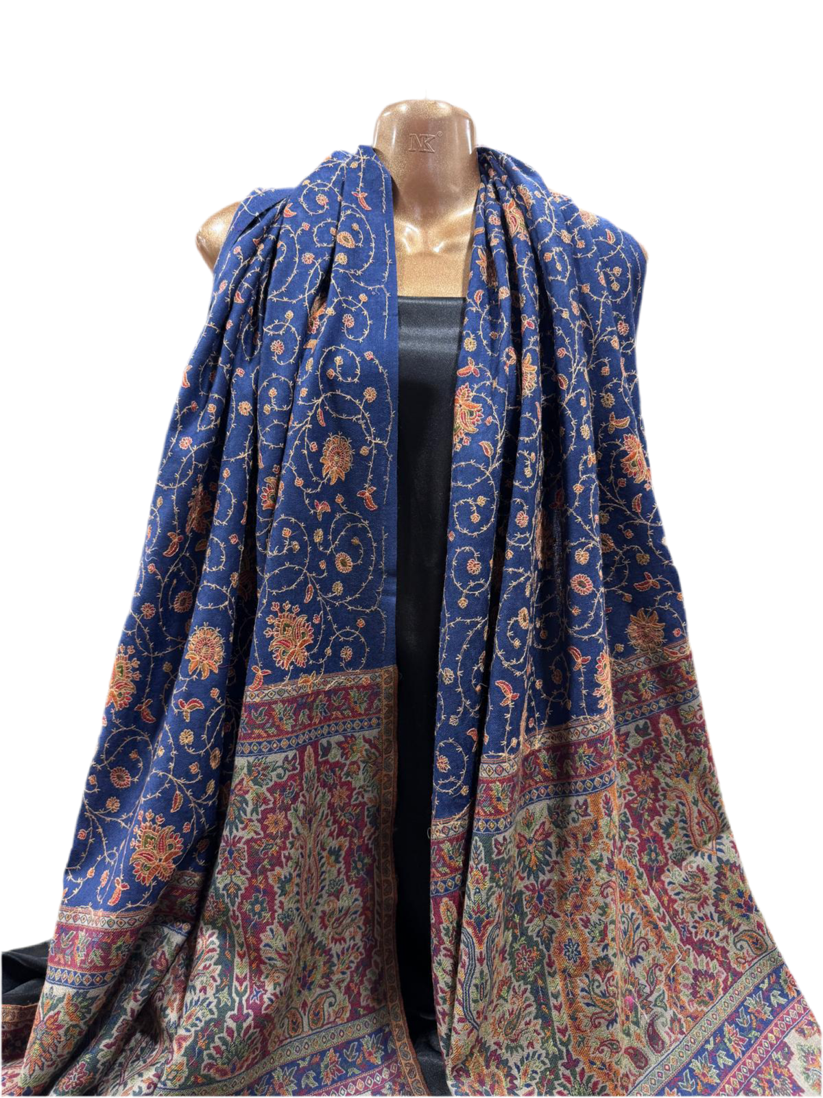 Pure Wool Hand-Embroidered Shawl in Deep Navy with Kashmiri Sozni Work – 100cm x 210cm