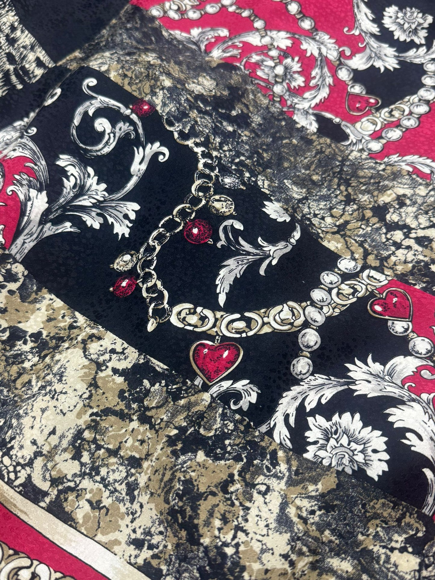 Luxury Silk Square Scarf – Black, Red & Gold Baroque Design (100% Silk, Made in India)