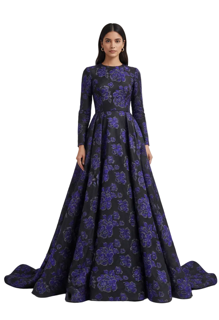 Black Brocade Fabric with Purple Roses (112cm Wide)