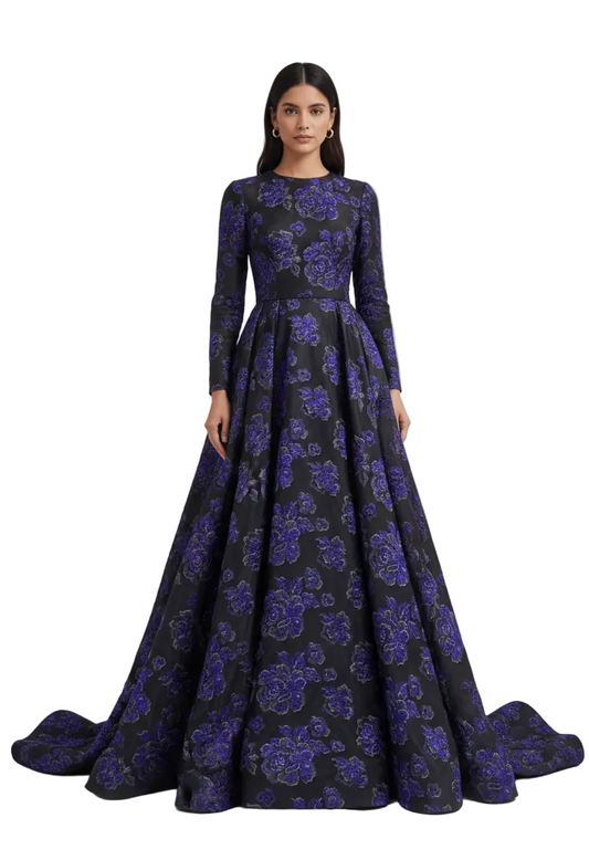 Black Brocade Fabric with Purple Roses (112cm Wide)