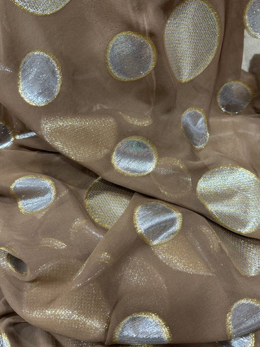 Korean Silk with Gold & Silver Lurex – Mocha Polka Dot (2.25 Metres)