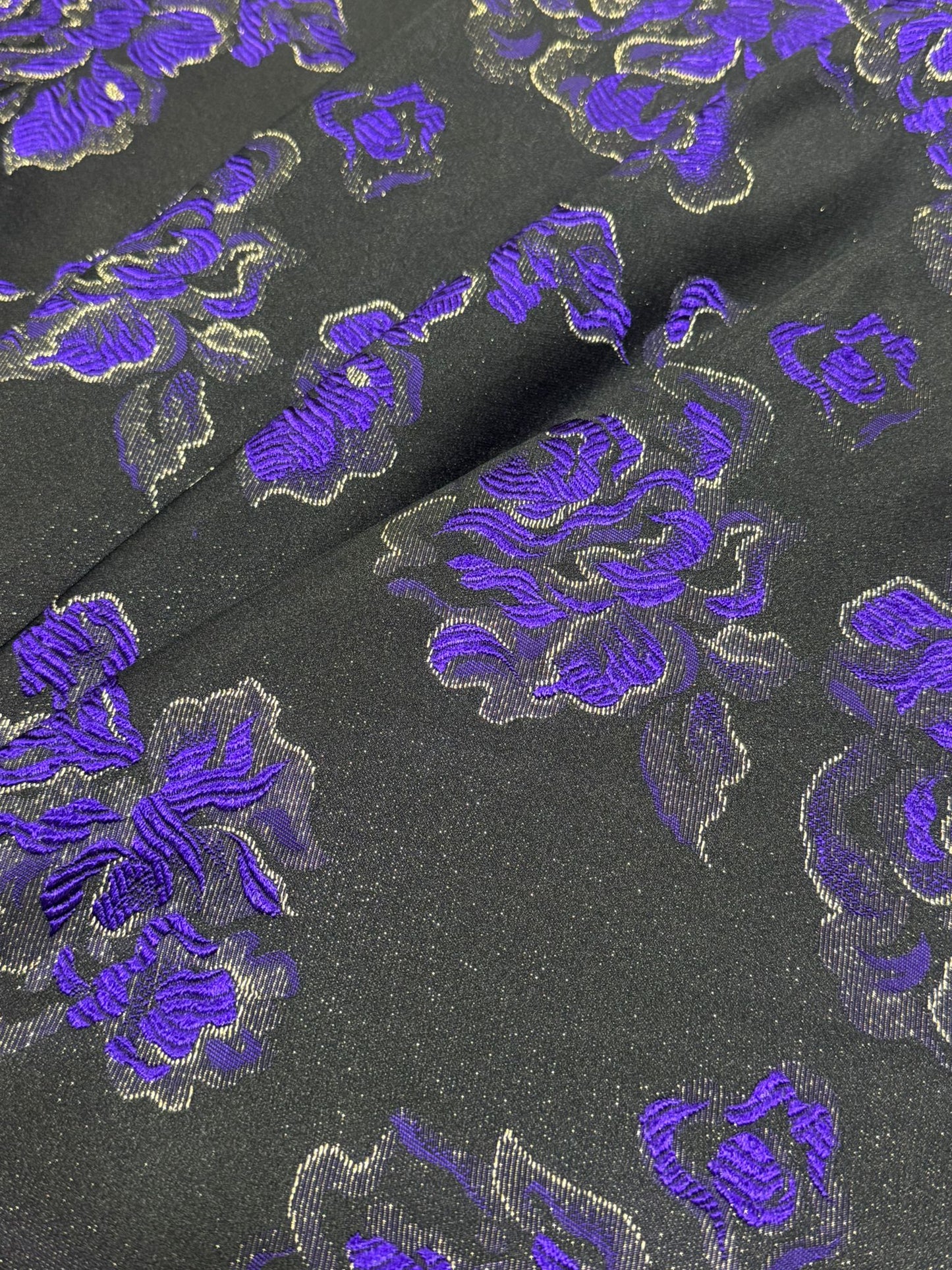 Black Brocade Fabric with Purple Roses (112cm Wide)