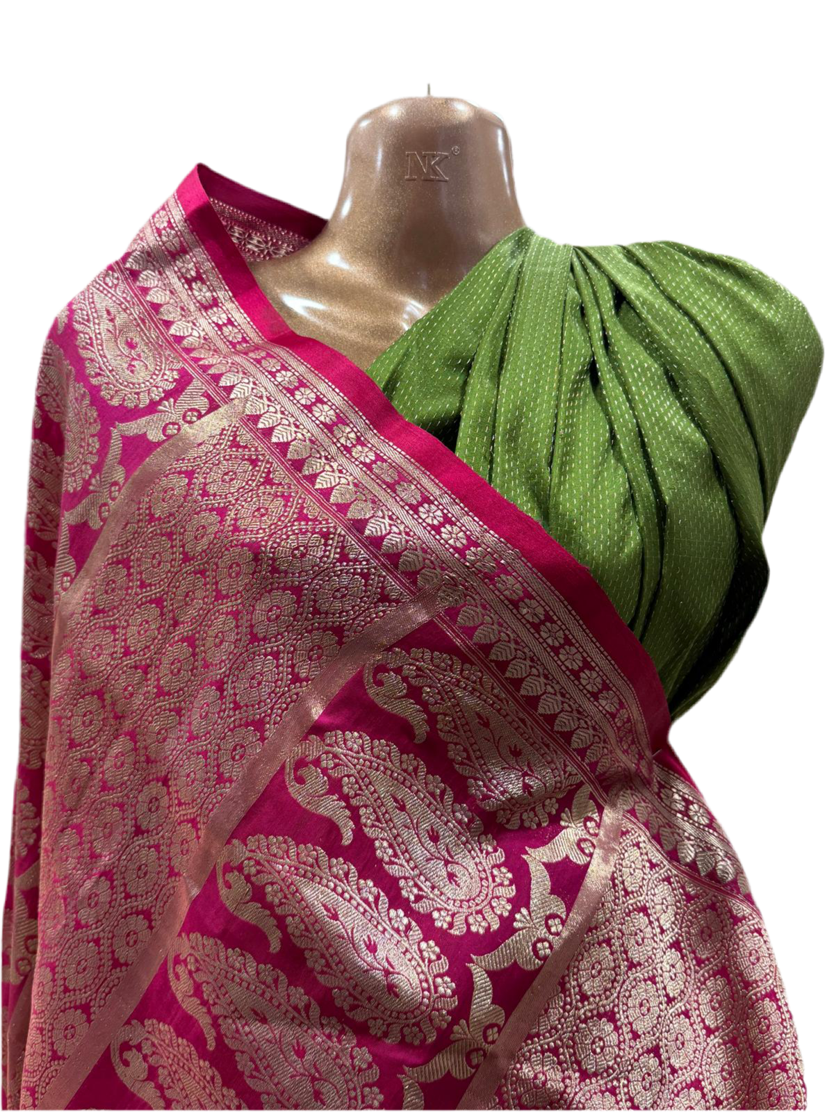 Banarasi Silk Sari in Emerald Green and Fuchsia Pink with Intricate Zari Weave – Handwoven in Varanasi