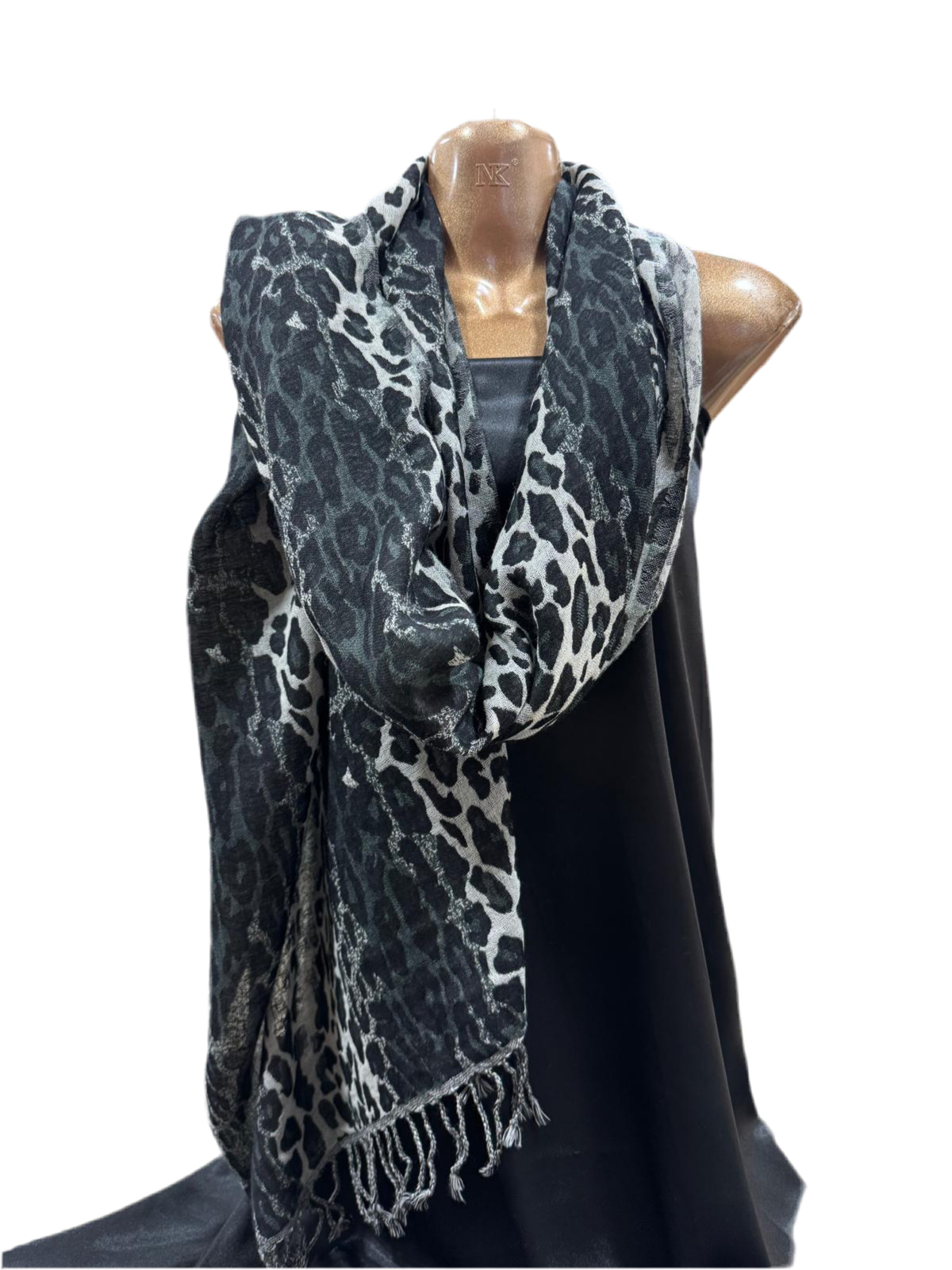 Wool Shawl in Charcoal and Grey Leopard Jacquard – 70cm x 190cm