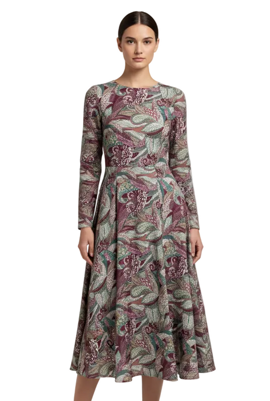 Burgundy and Teal Botanical Swirl Viscose Blend Fabric (112cm Wide)