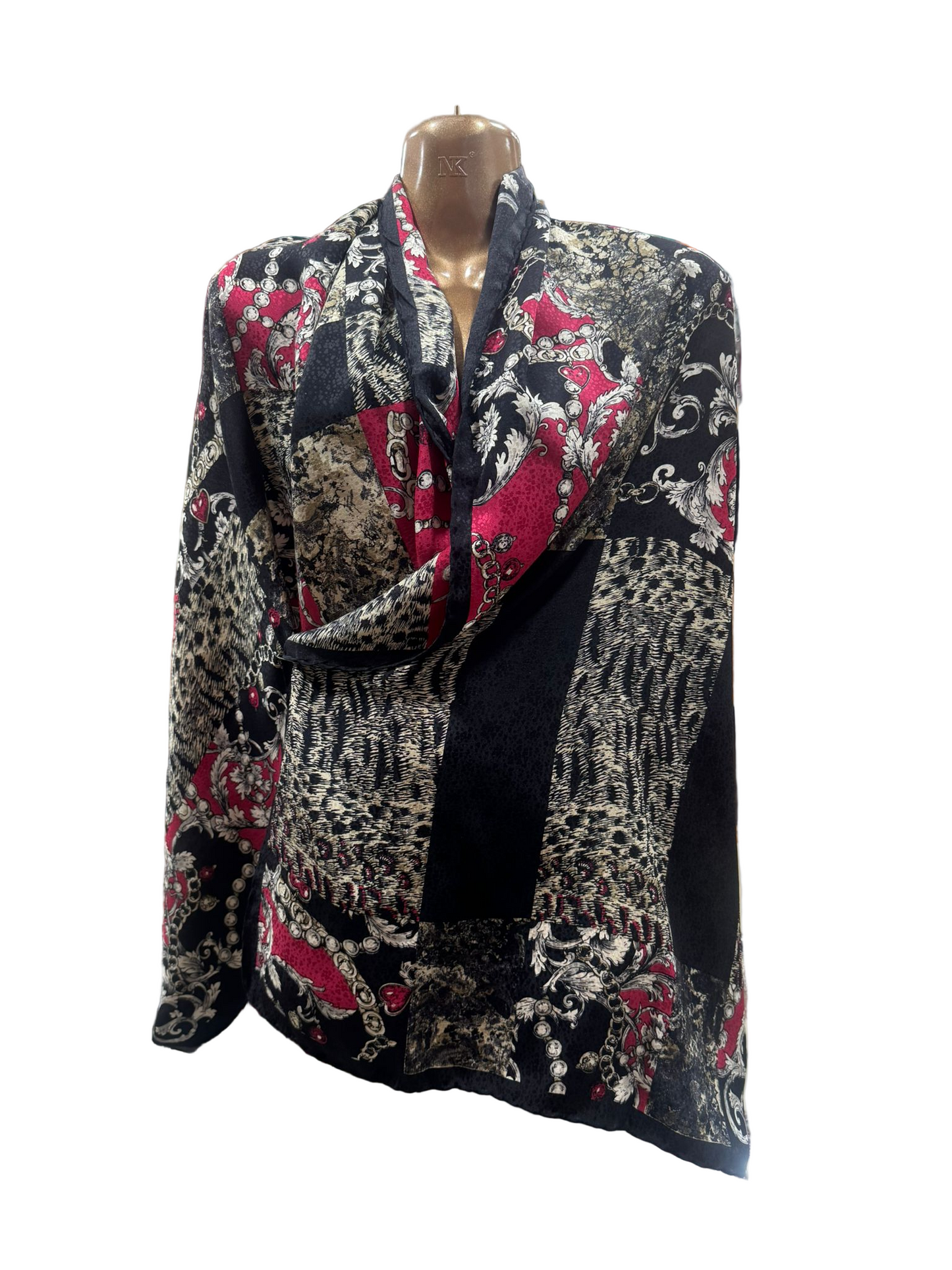 Luxury Silk Square Scarf – Black, Red & Gold Baroque Design (100% Silk, Made in India)