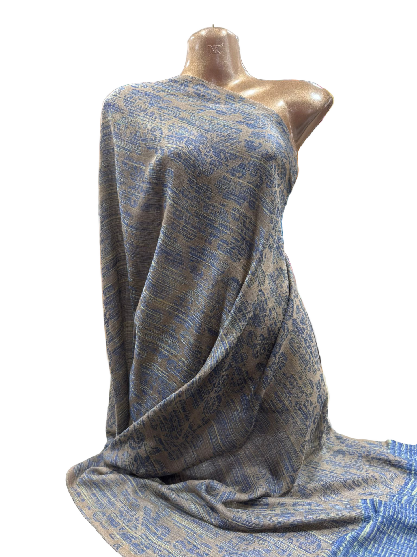 Luxury Wool Shawl – Taupe & Blue Reversible Weave (100% Wool, Online Exclusive)