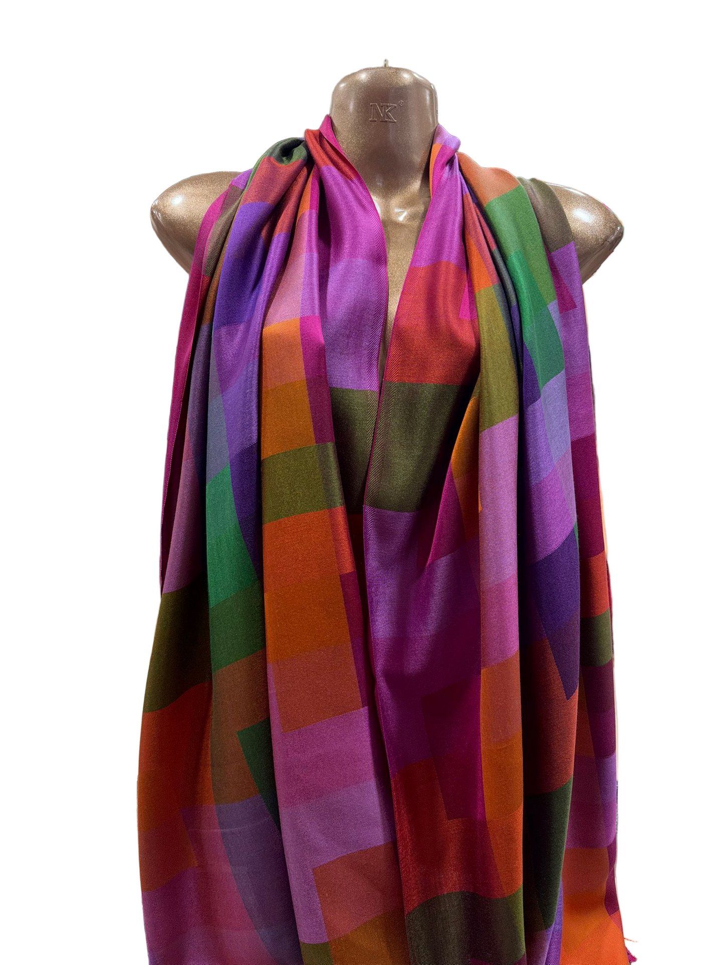 Vibrant Multicolour Geometric Shawl – Satin Finish, Lightweight Drape (Made in India)
