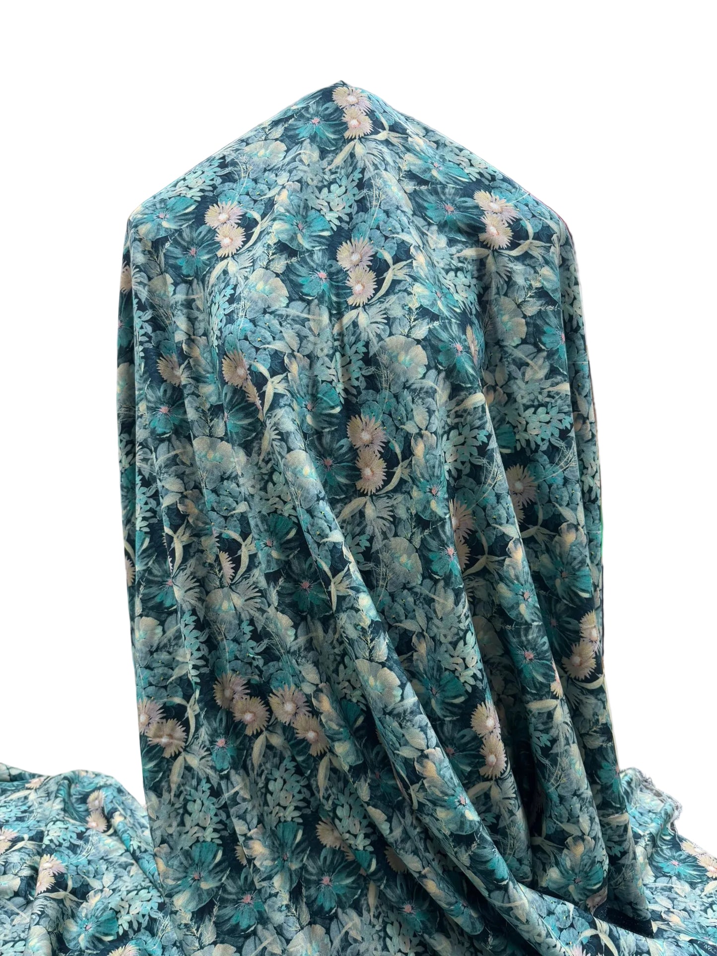 Teal Floral Viscose Blend Fabric – 112cm Wide (Sale)