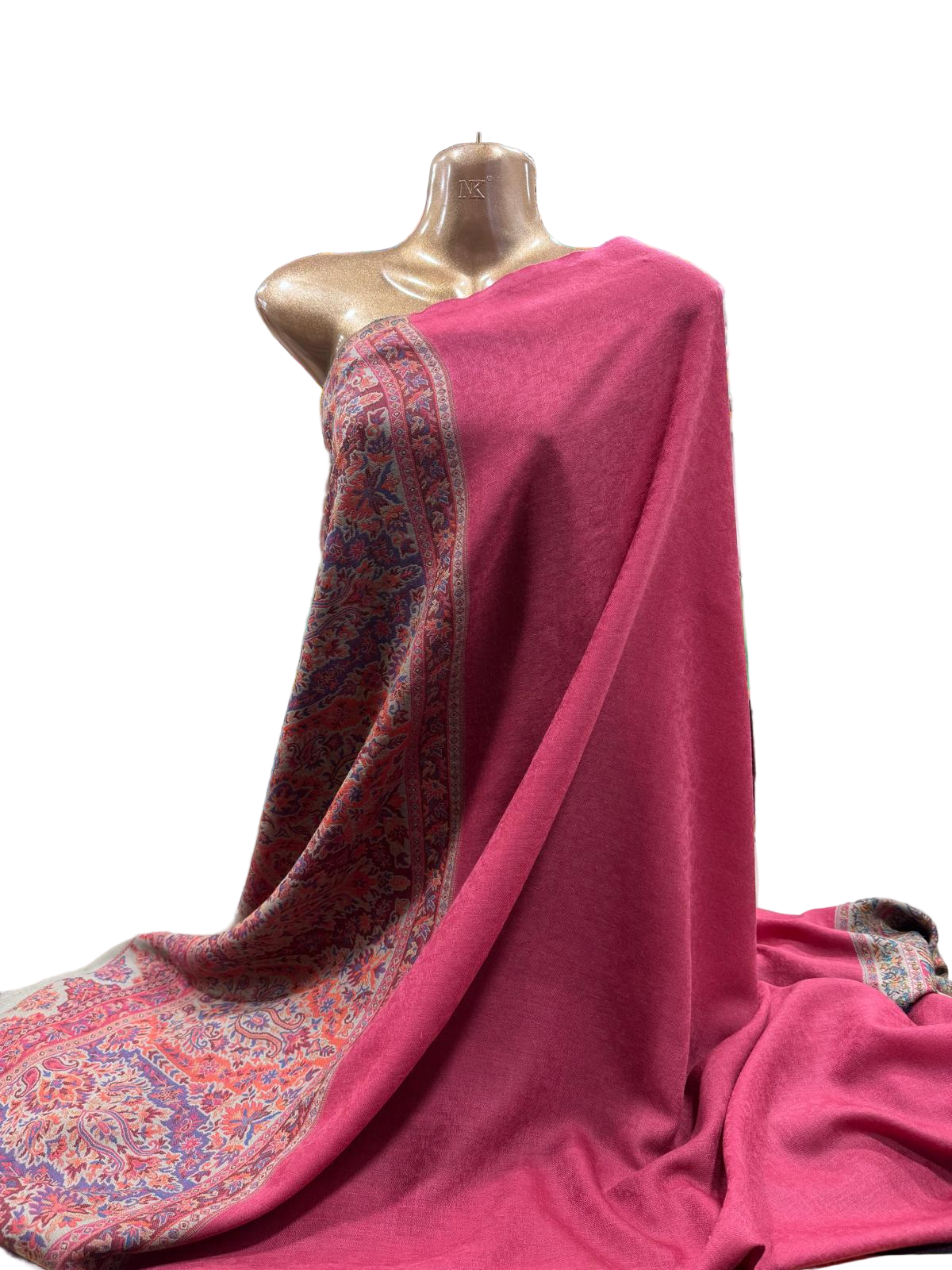 Kashmiri Wool Shawl – Rose Pink with Traditional Sozni Border (100% Wool, Made in India)