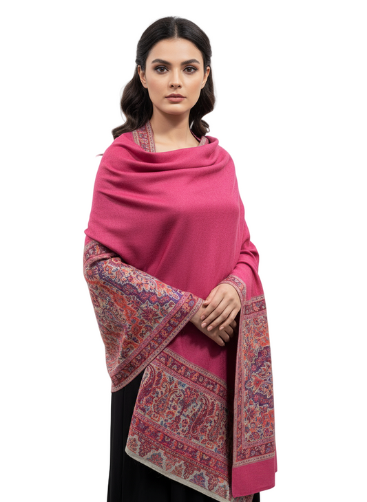 Kashmiri Wool Shawl – Rose Pink with Traditional Sozni Border (100% Wool, Made in India)