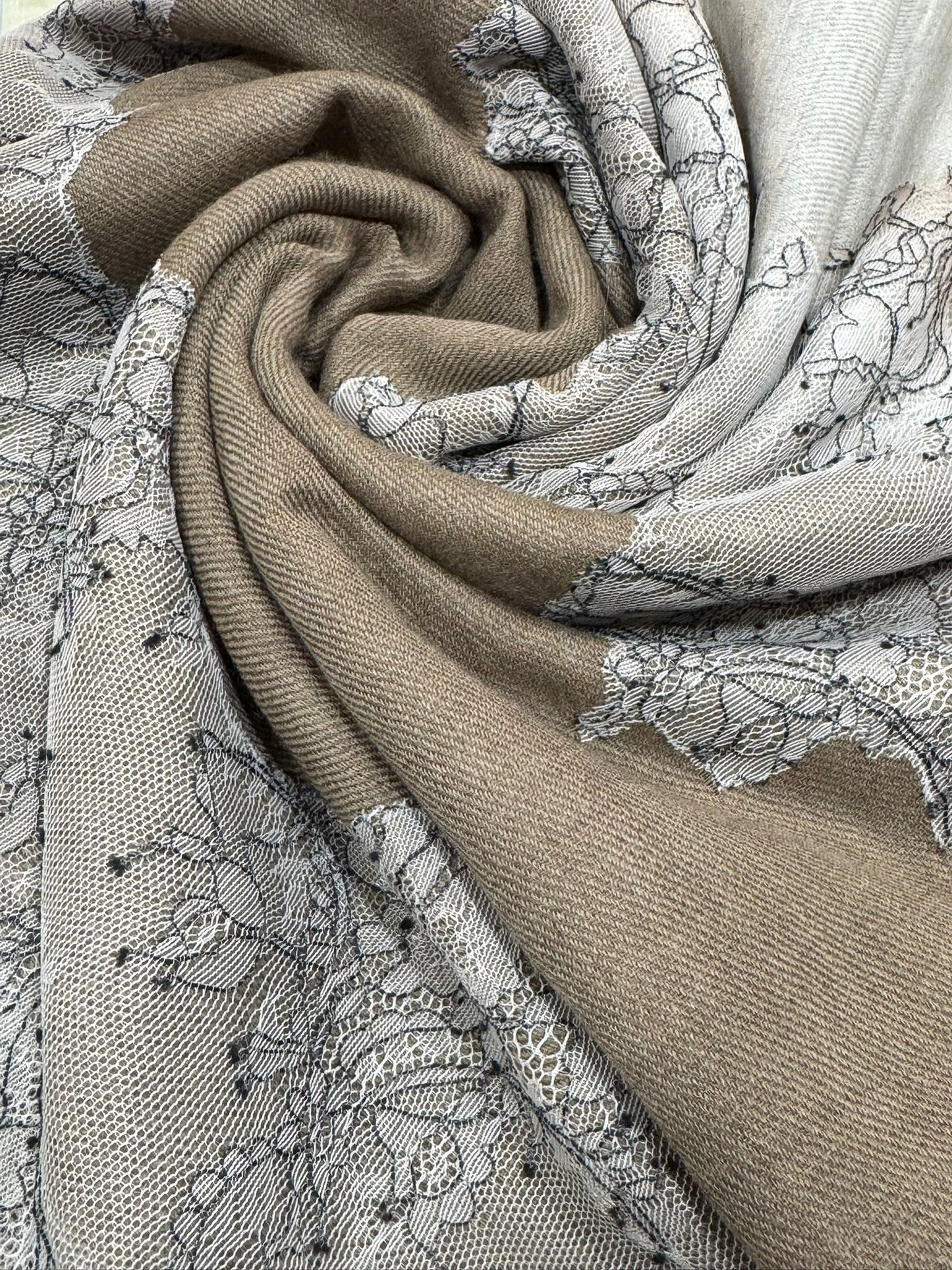 Lace-Trimmed Wool Shawl in Taupe & Stone Ombre