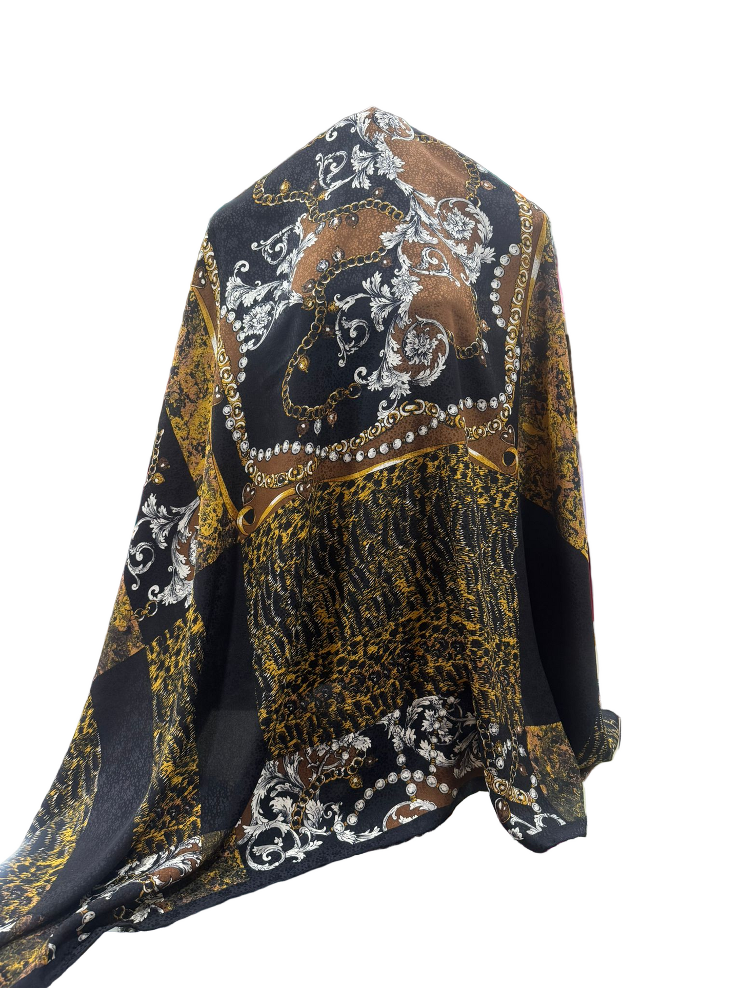 Luxury Silk Square Scarf – Black, Gold & Bronze Regal Baroque Design (100% Silk)