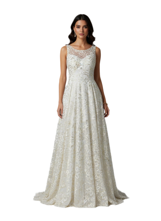 Elegant Ivory Washable Lace with Gold Detailing – Per Metre (115cm Width)