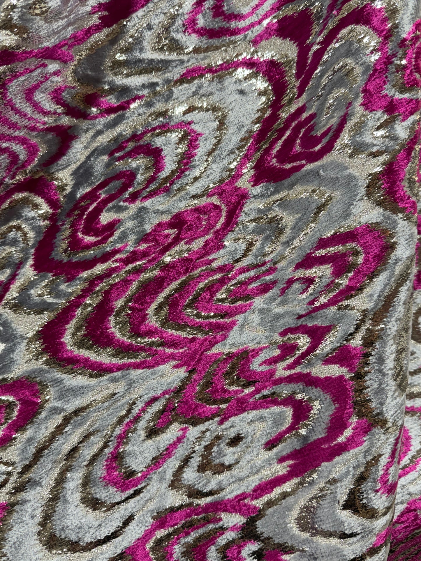 Pink & Silver Metallic Velvet Fabric – Abstract Swirl Design (Sold Per Metre)