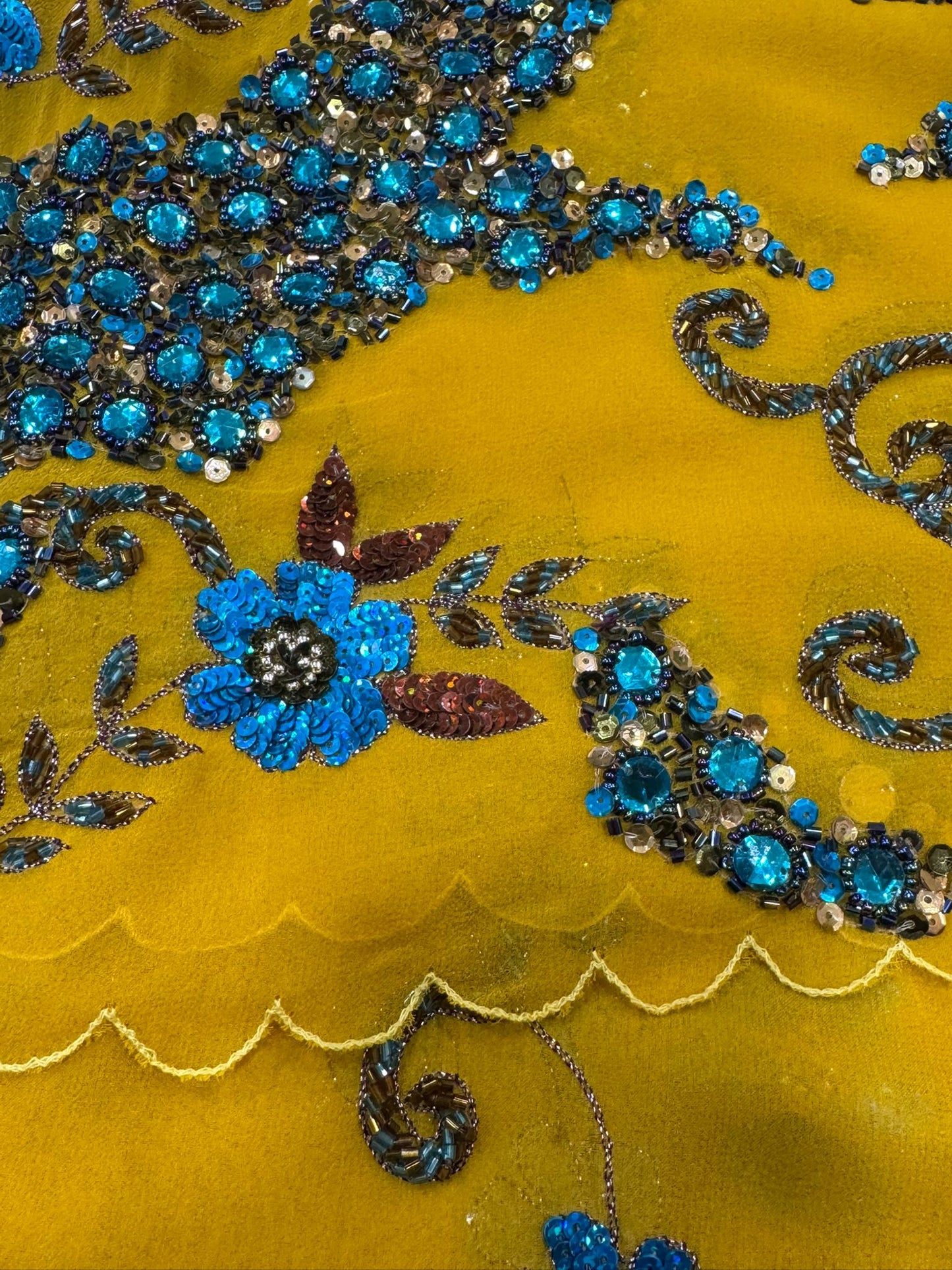Mustard Yellow Hand-Embroidered Chiffon ‘Dupatta’ with Blue Floral Detailing
