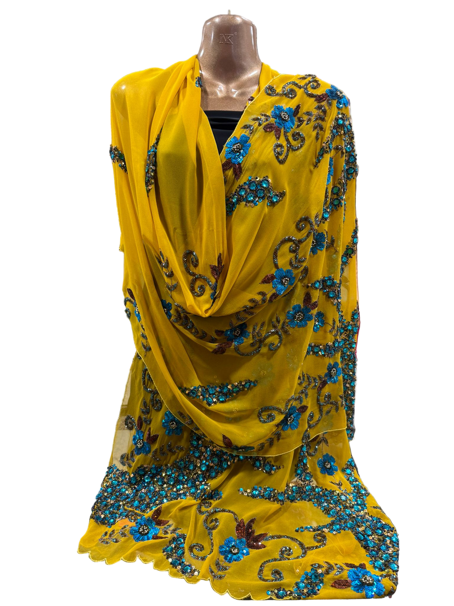 Mustard Yellow Hand-Embroidered Chiffon ‘Dupatta’ with Blue Floral Detailing