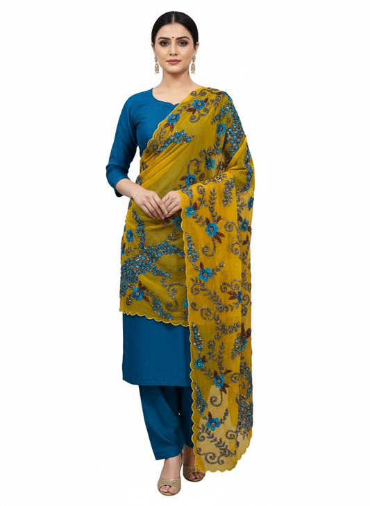 Mustard Yellow Hand-Embroidered Chiffon ‘Dupatta’ with Blue Floral Detailing