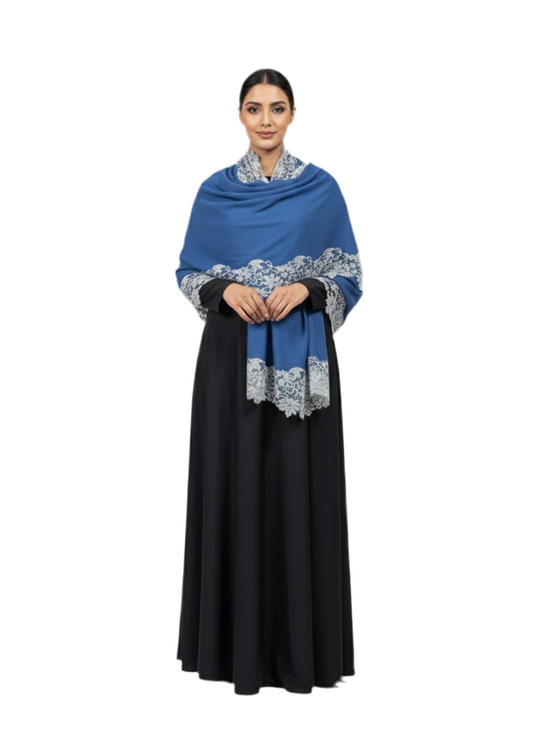 Luxury Wool & Silk Lace Shawl – Denim Blue