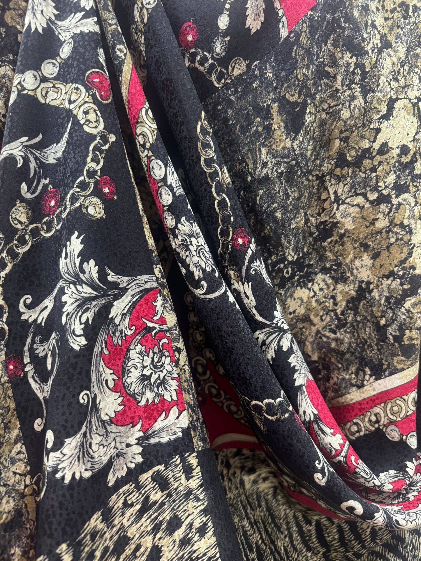 Luxury Silk Square Scarf – Black, Red & Gold Baroque Design (100% Silk, Made in India)