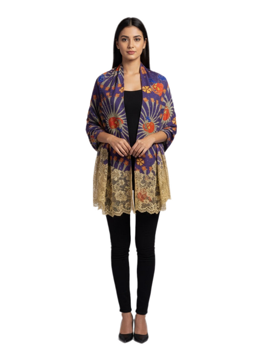 Luxury Wool & Lace Shawl with Skull Motif – Purple & Gold Edition