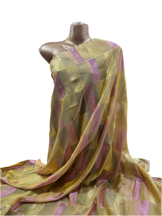 Silk Chiffon with Gold & Pink Lurex – Gold Check Design (2 Metres)