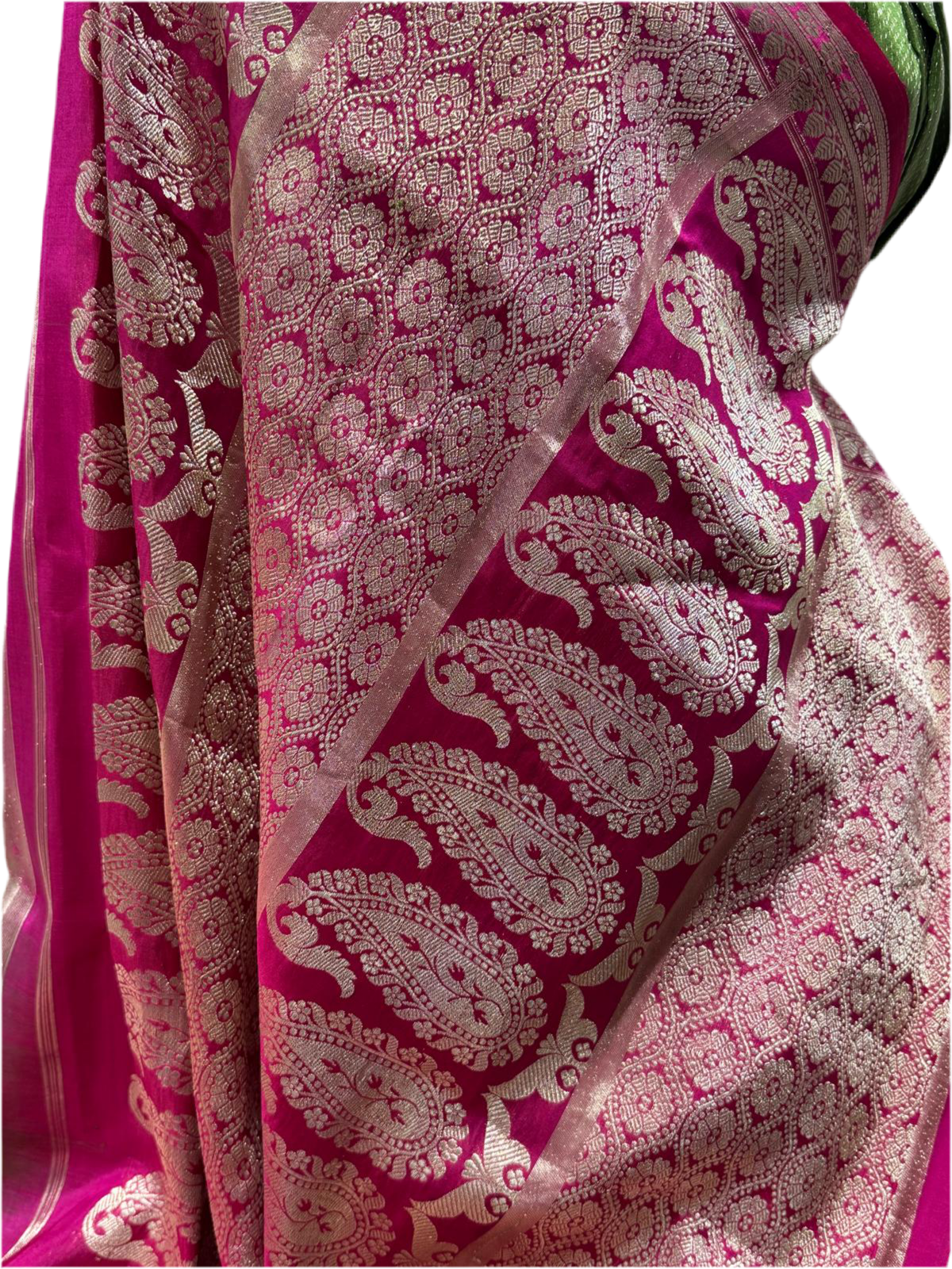 Banarasi Silk Sari in Emerald Green and Fuchsia Pink with Intricate Zari Weave – Handwoven in Varanasi