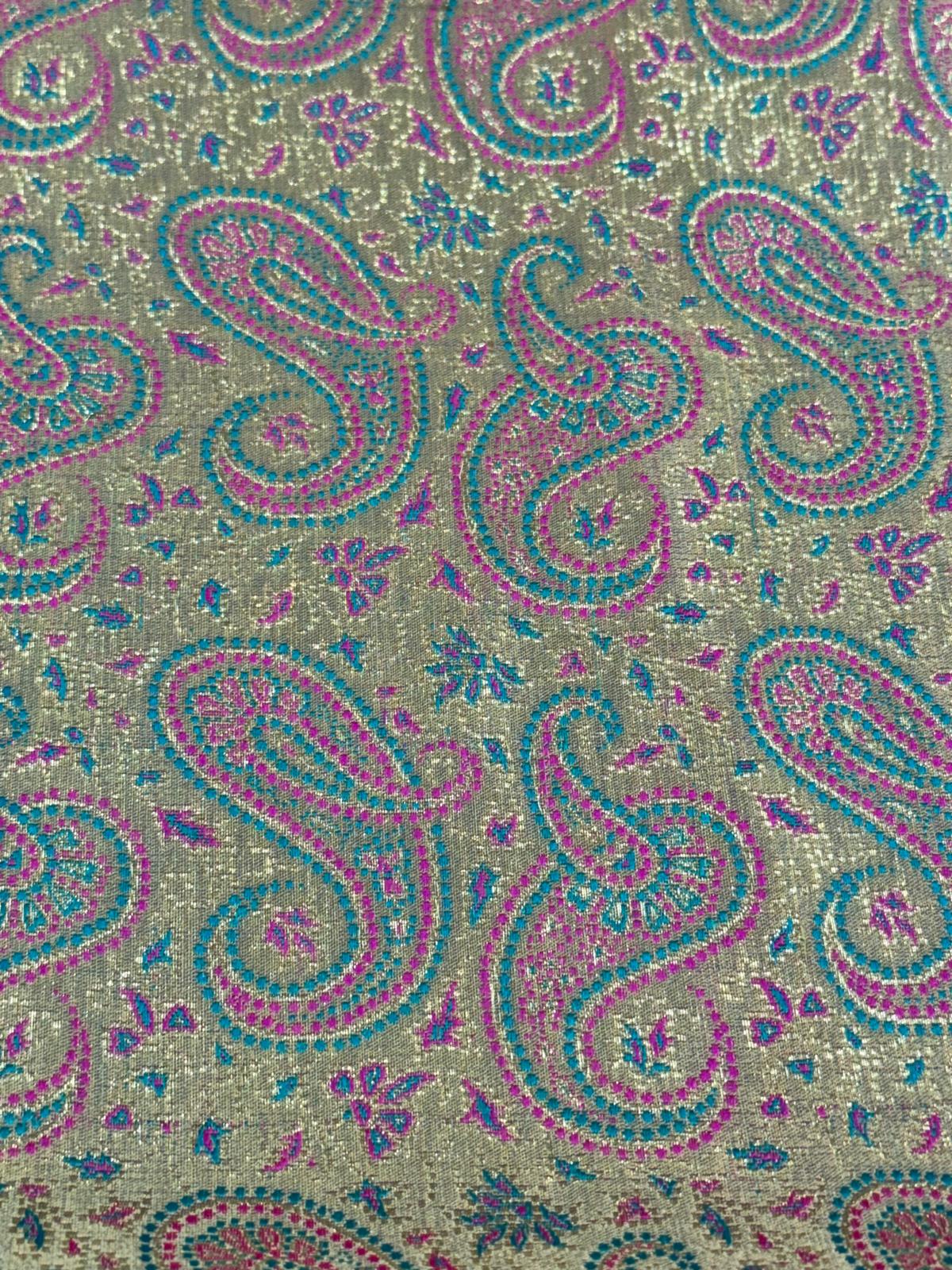 Banarasi Silk Sari in Soft Gold with Teal and Magenta Paisley Weave – Handcrafted in Varanasi