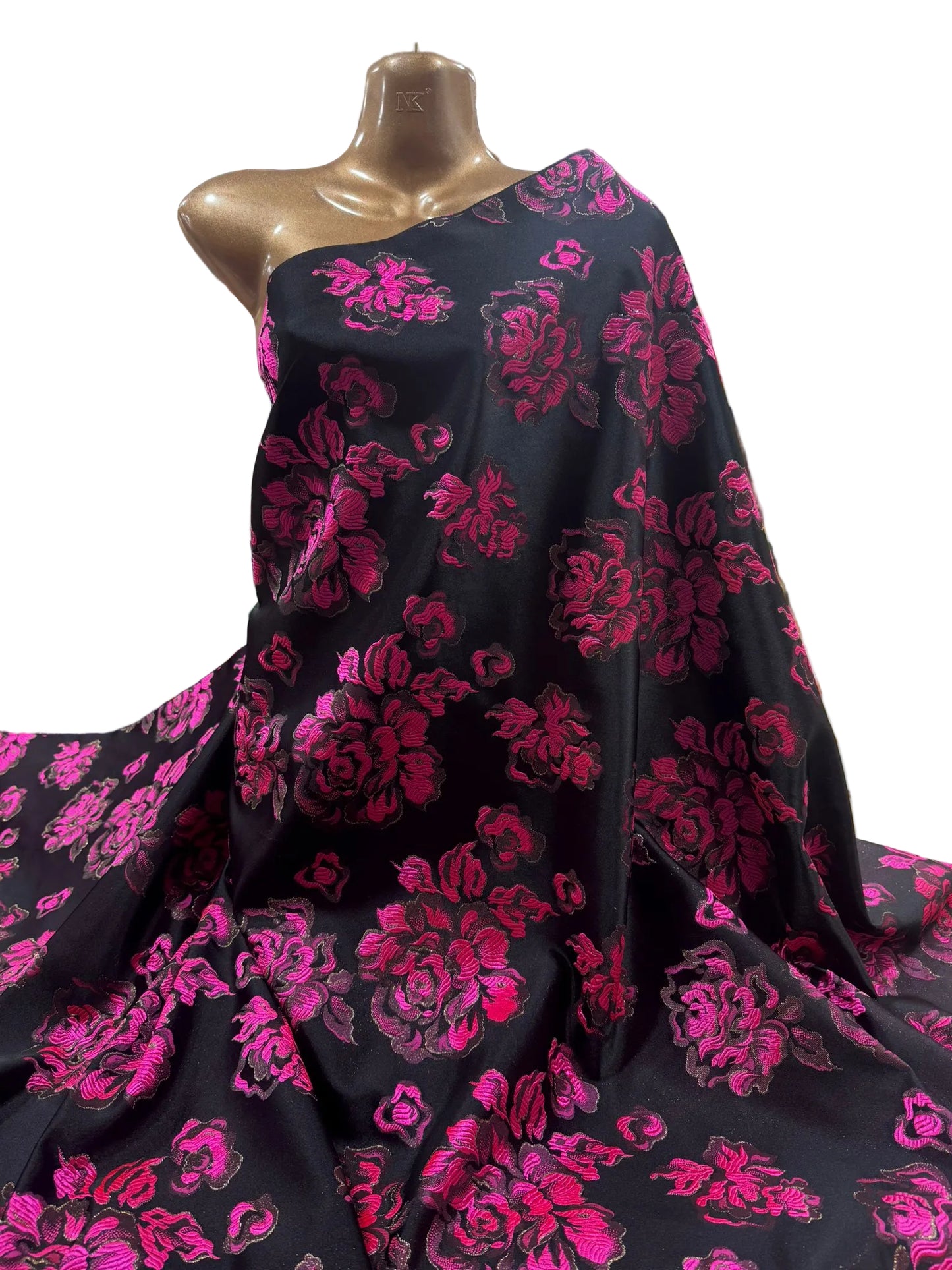 Black Brocade Fabric with Hot Pink Roses (112cm Wide)