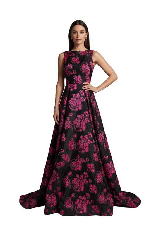 Black Brocade Fabric with Hot Pink Roses (112cm Wide)