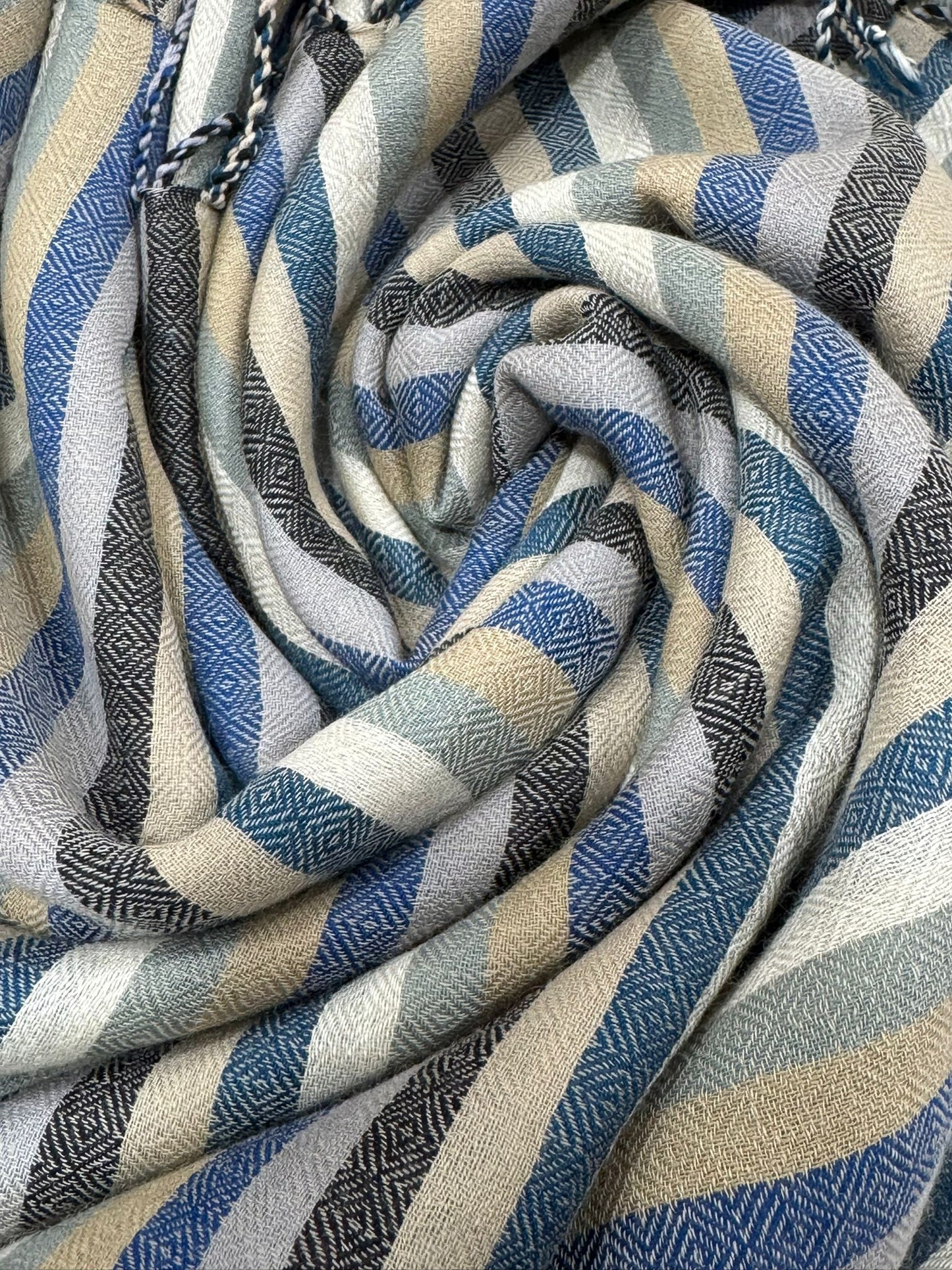 Striped Wool-Blend Shawl in Blue & Sandstone Tones