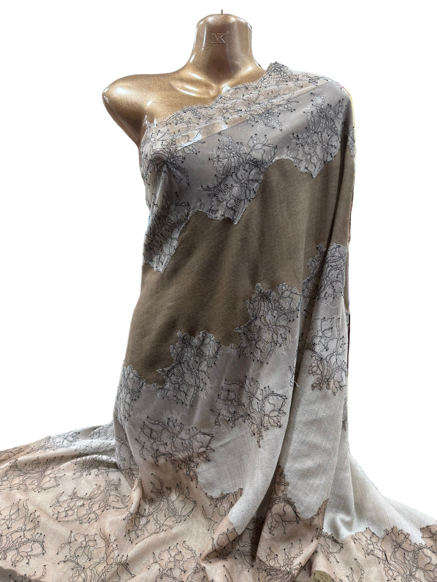 Lace-Trimmed Wool Shawl in Taupe & Stone Ombre