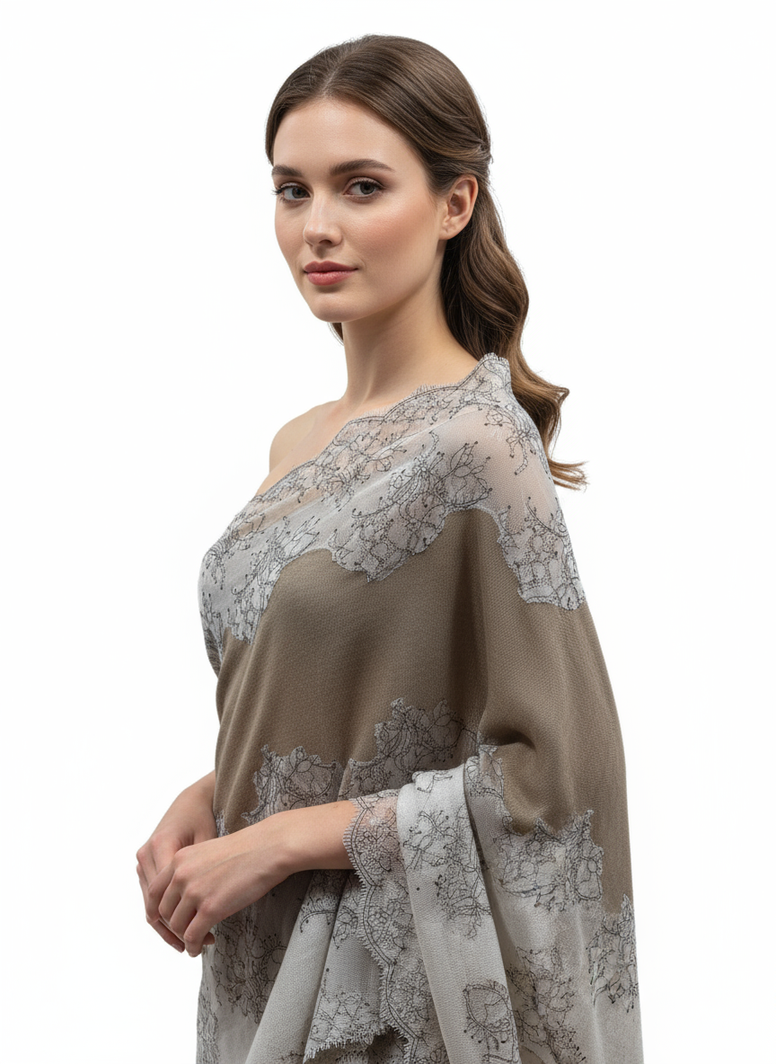 Lace-Trimmed Wool Shawl in Taupe & Stone Ombre
