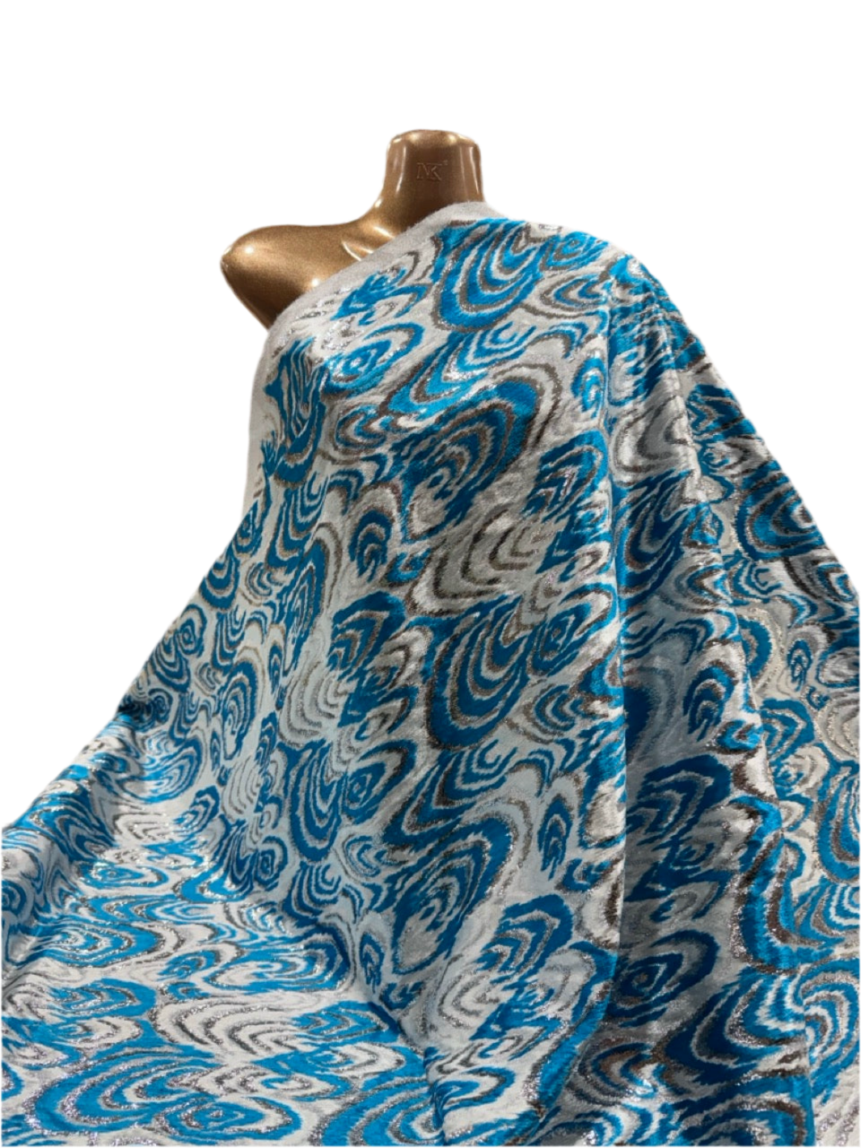 Metallic Velvet-Style Fabric – Blue & Silver Swirl Design (Sold Per Metre)