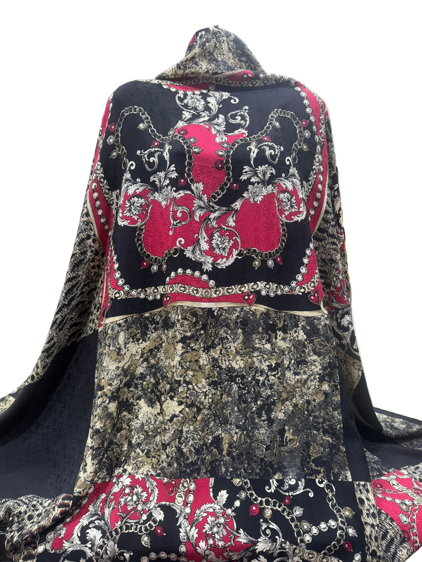 Luxury Silk Square Scarf – Black, Red & Gold Baroque Design (100% Silk, Made in India)