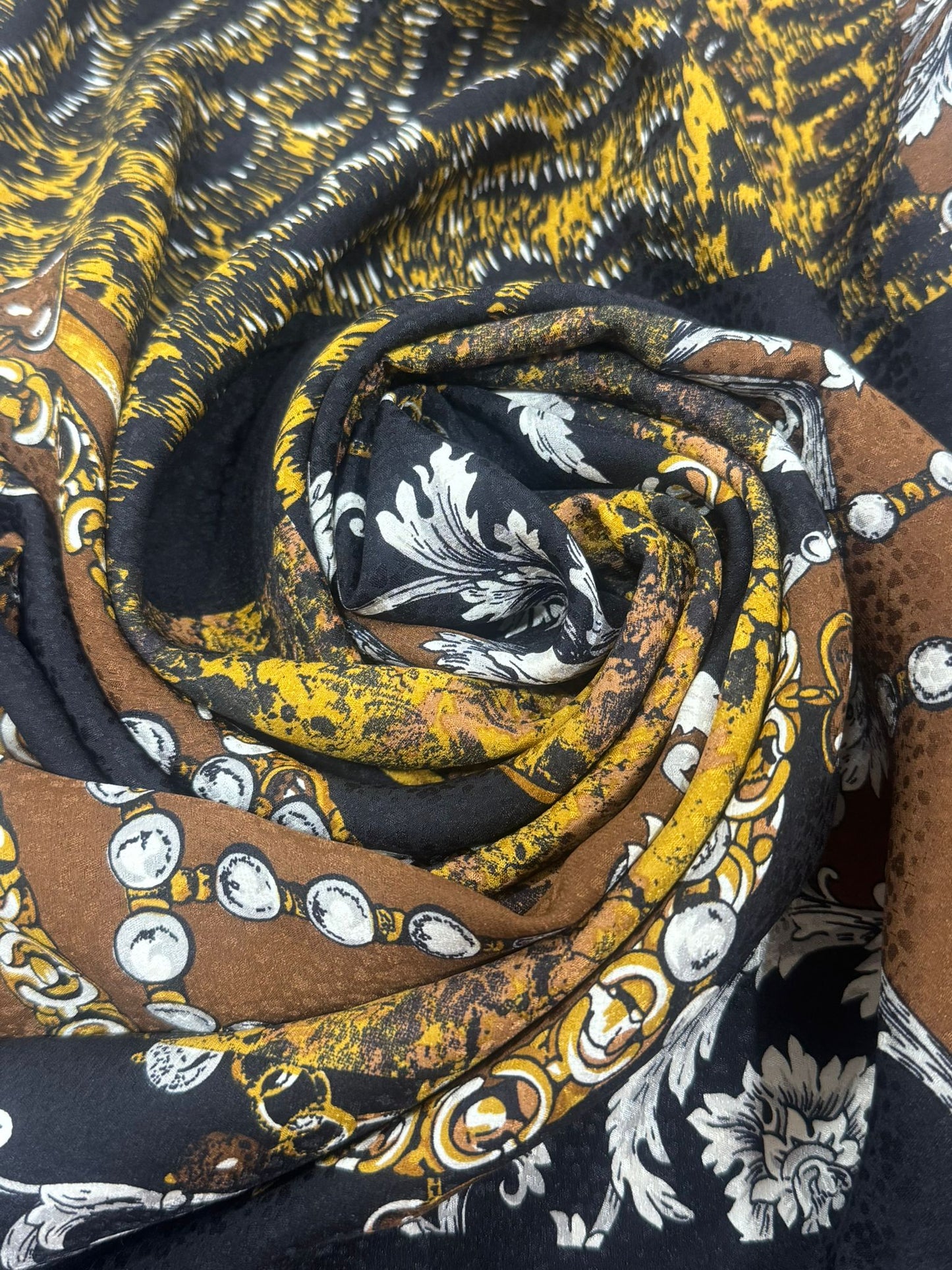 Luxury Silk Square Scarf – Black, Gold & Bronze Regal Baroque Design (100% Silk)