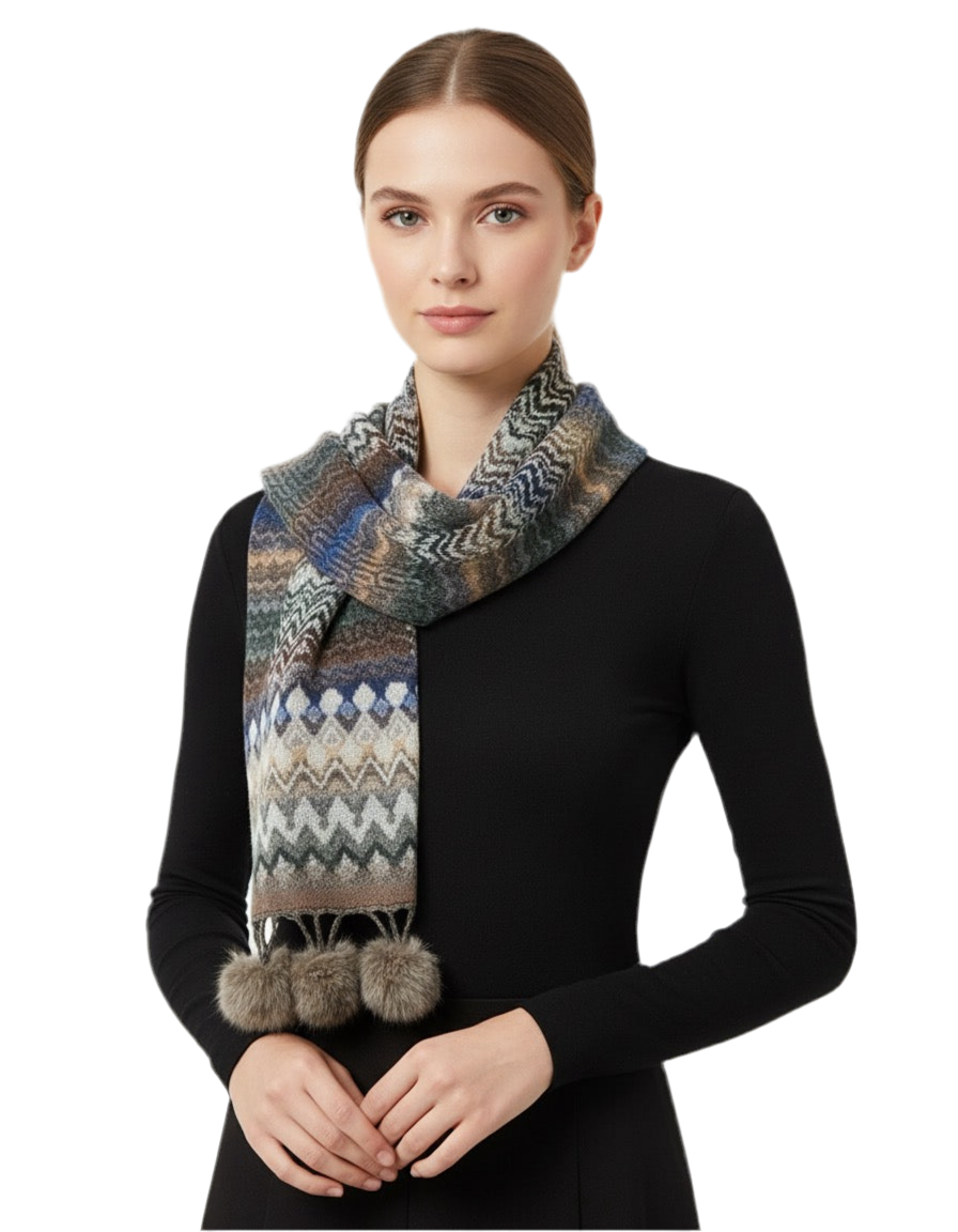 Luxury Wool & Cotton Patterned Shawl with Pom-Pom Trim – Multicolour