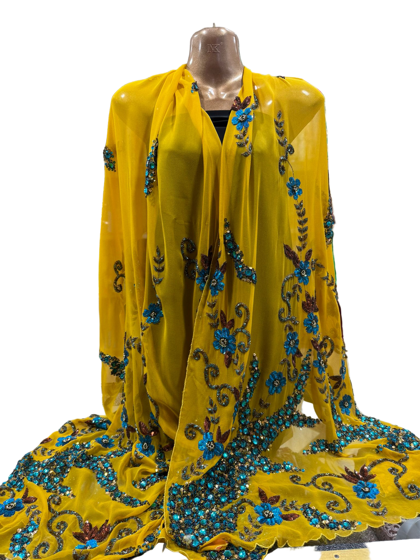 Mustard Yellow Hand-Embroidered Chiffon ‘Dupatta’ with Blue Floral Detailing