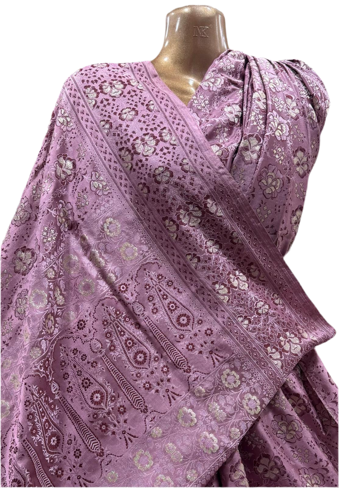 Banarasi Handwoven Silk Sari in Dusty Mauve with Silver Zari Floral Detailing – Crafted in Varanasi