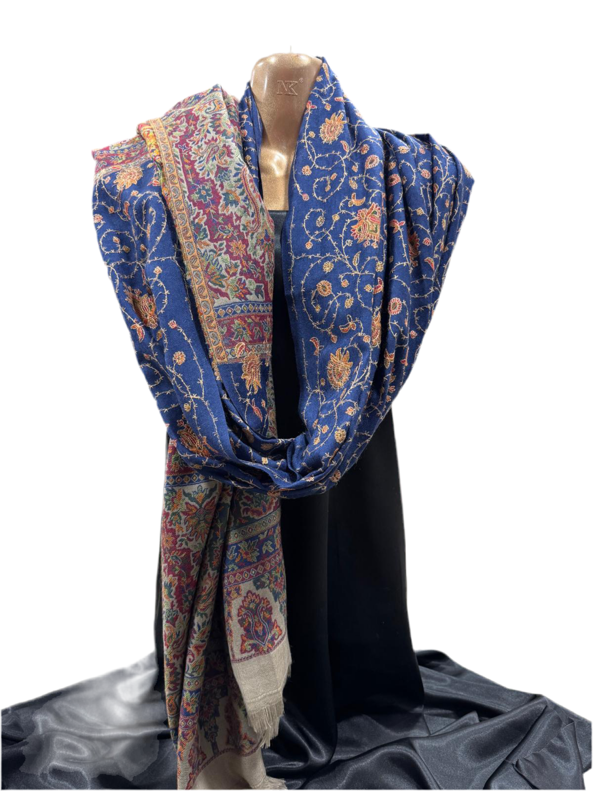 Pure Wool Hand-Embroidered Shawl in Deep Navy with Kashmiri Sozni Work – 100cm x 210cm