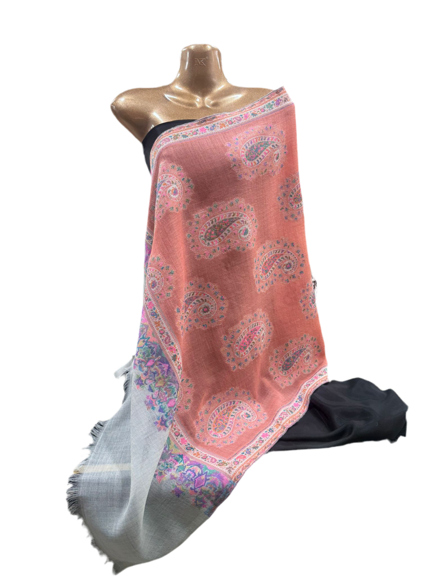 Luxury Wool Shawl with Paisley & Floral Border – Coral Pink